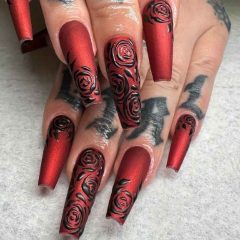 🔥3/$21 Red with Black Roses Long Press on Fake nails